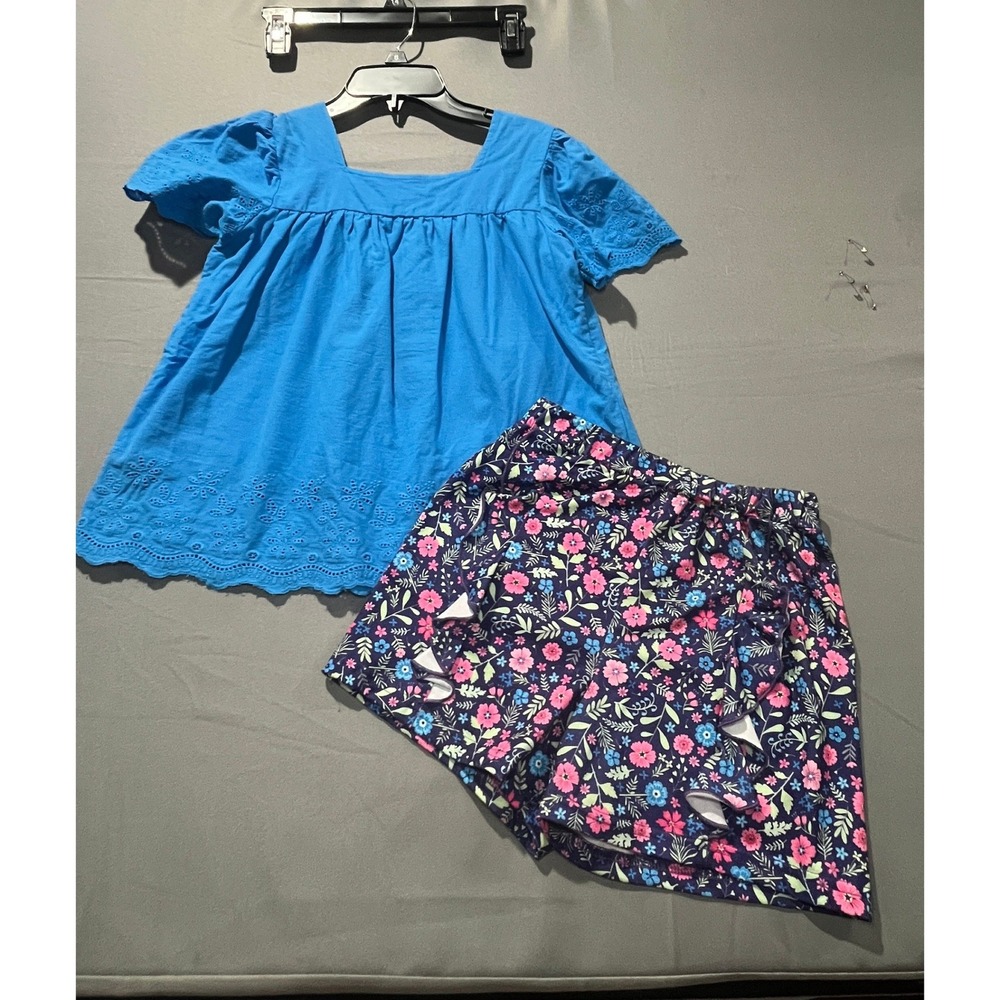 Girls Blue Eyelet Embroidery Top and Floral Ruffle Shorts Set 4XL